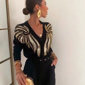Elegant Black Cardigan with Gold Sequin Design